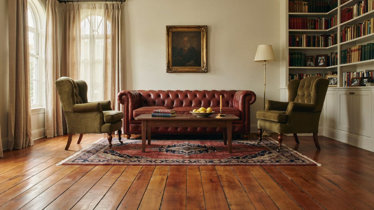 Library style living room with heart pine floors and a red leather sofa