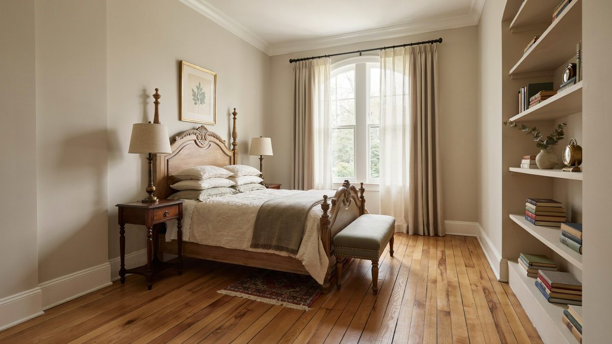 Carved wood bed and built in shelves above wide hickory planks