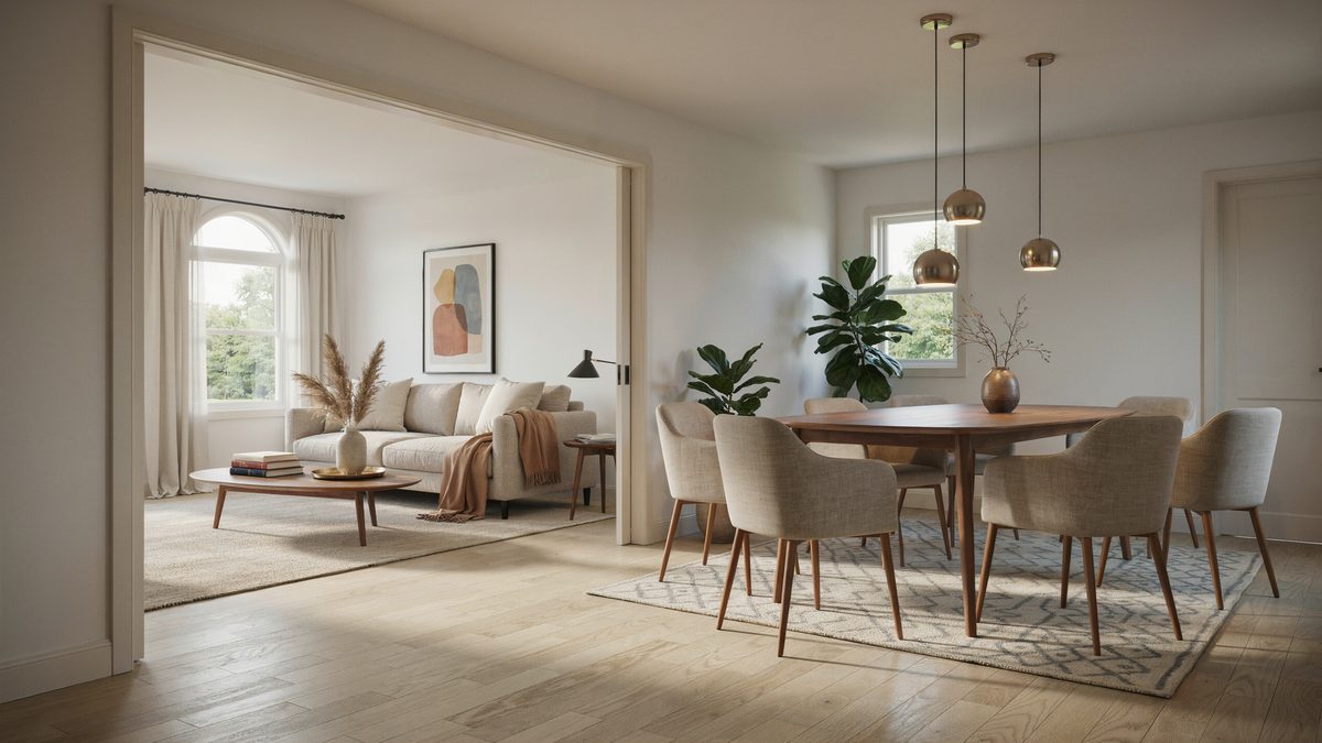 Dining room open to a living room over softly finished hand scraped floors