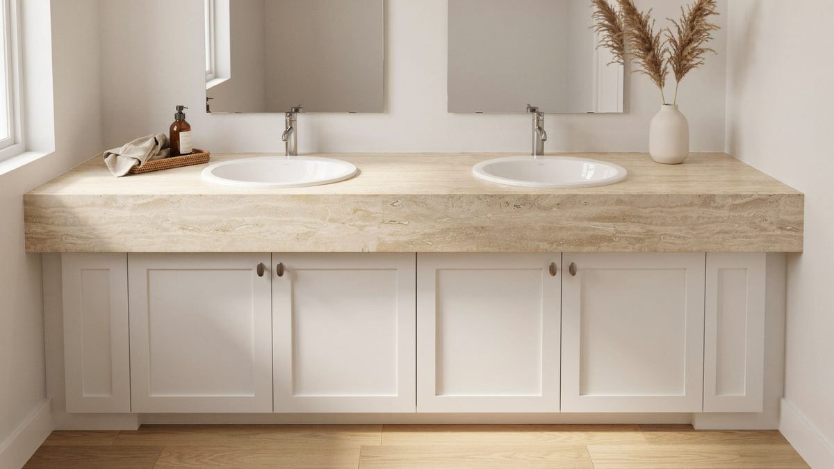 Thick travertine double vanity with two oval sinks over white shaker cabinets