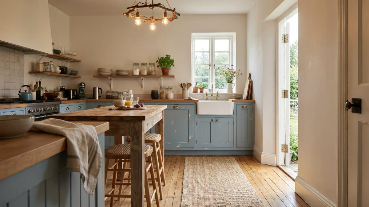 Cornflower blue distressed country cabinets with bamboo flooring and a rustic chandelier