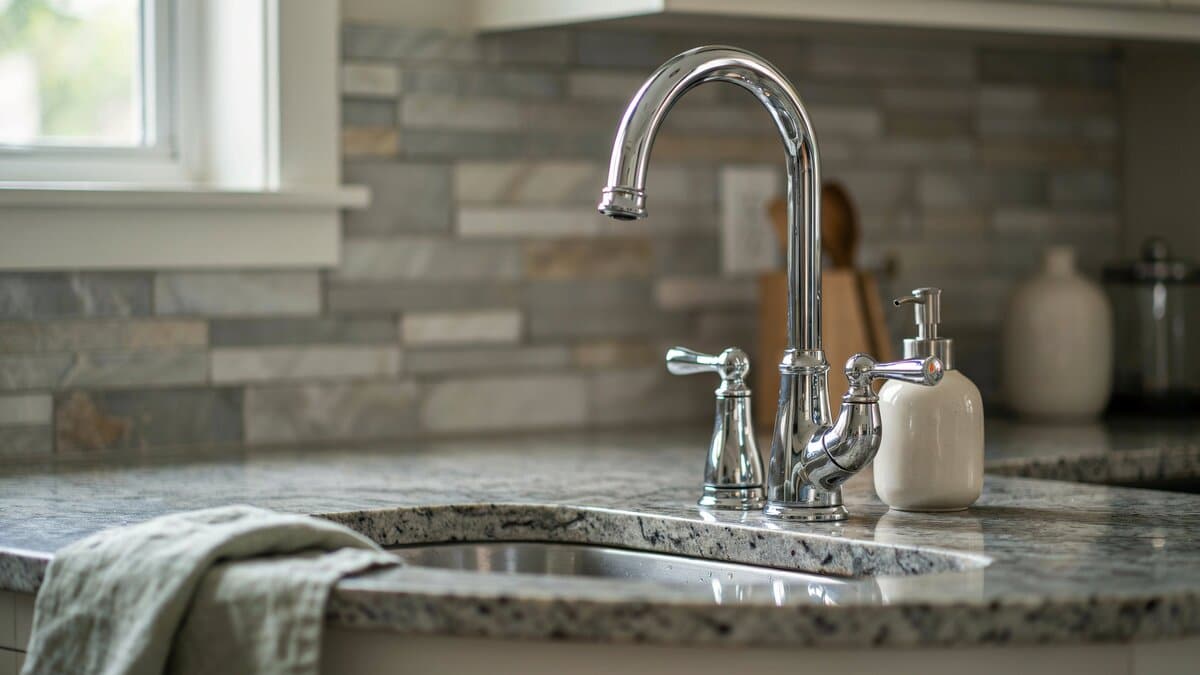 Polished chrome two handle faucet on granite counter with stone backsplash