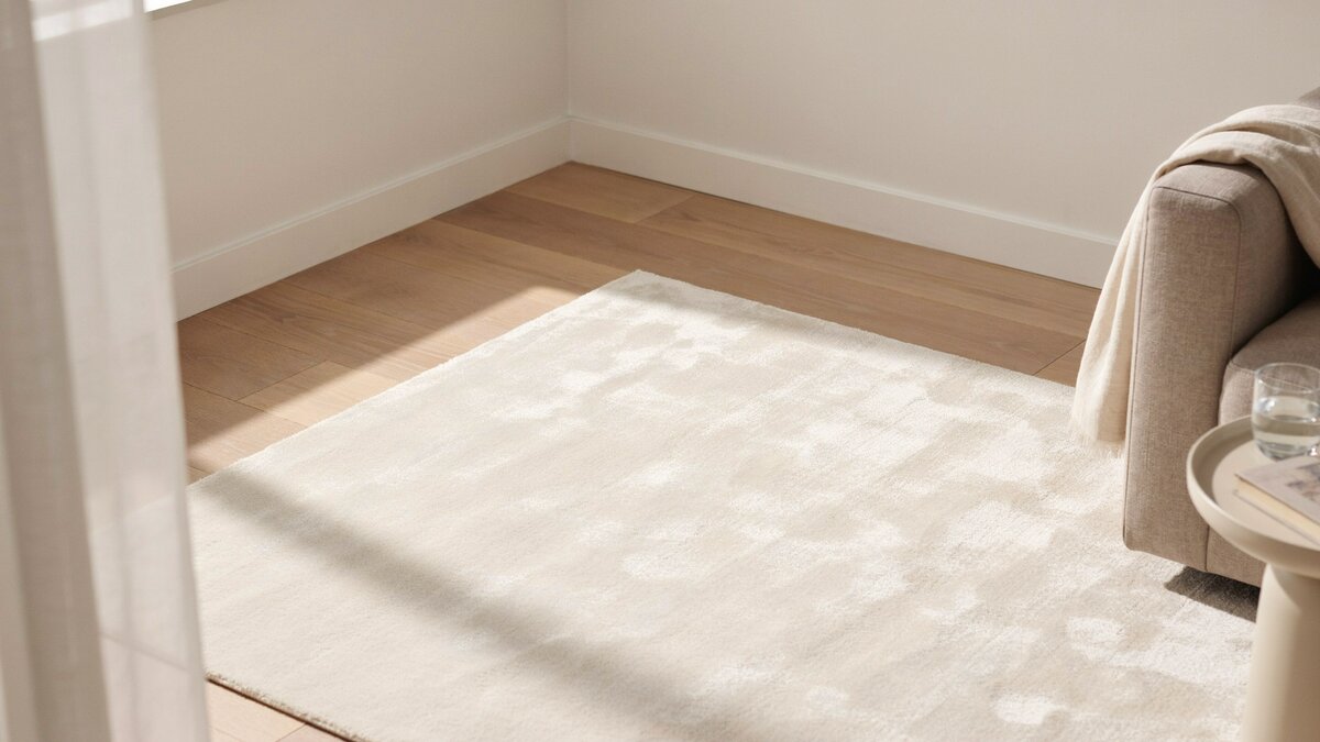 White acrylic area rug with a silky sheen on a light wood floor
