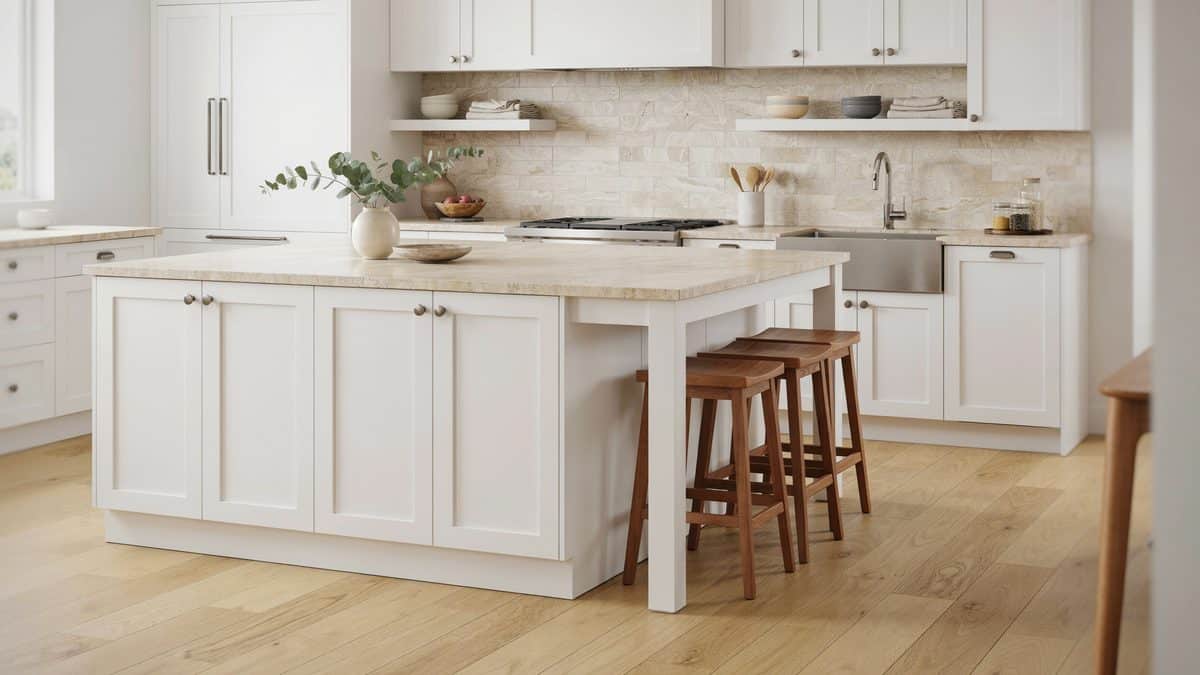 White shaker kitchen with travertine countertops, matching backsplash and island with wood stools