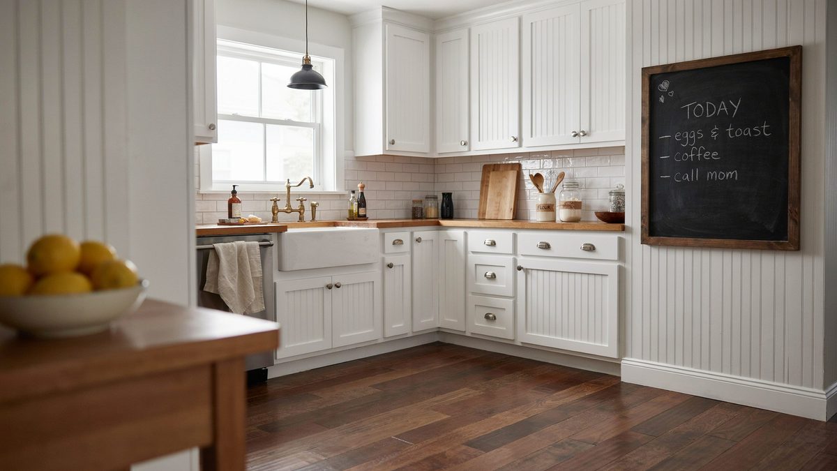 Framed chalkboard hangs on beadboard paneling beside white cabinets and butcher block counters