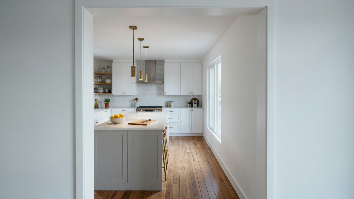 Narrow white kitchen with slim wood strip boards running toward the window
