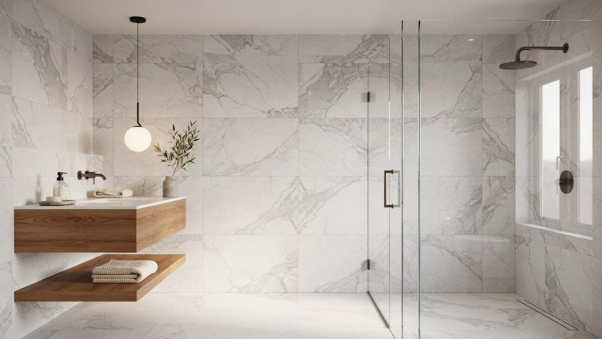 White marble bathroom with glass walk in shower, globe pendant light and floating wood vanity