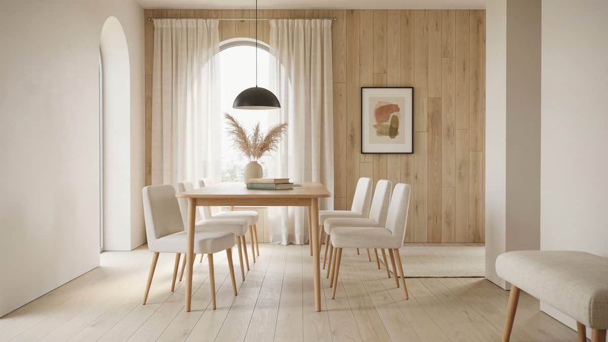 Dining nook with pale white oak floors, wood paneling and cream chairs
