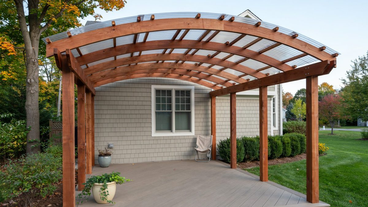 Curved cedar pergola with clear corrugated roofing against a shingled house