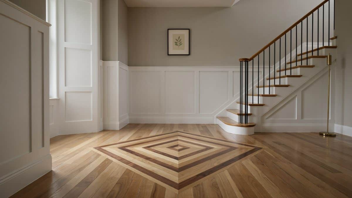 Entry hall with a diamond wood inlay set below a curved staircase