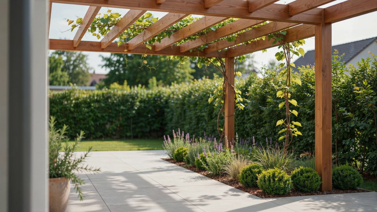 Slatted wood pergola over pavers beside a lavender and boxwood border