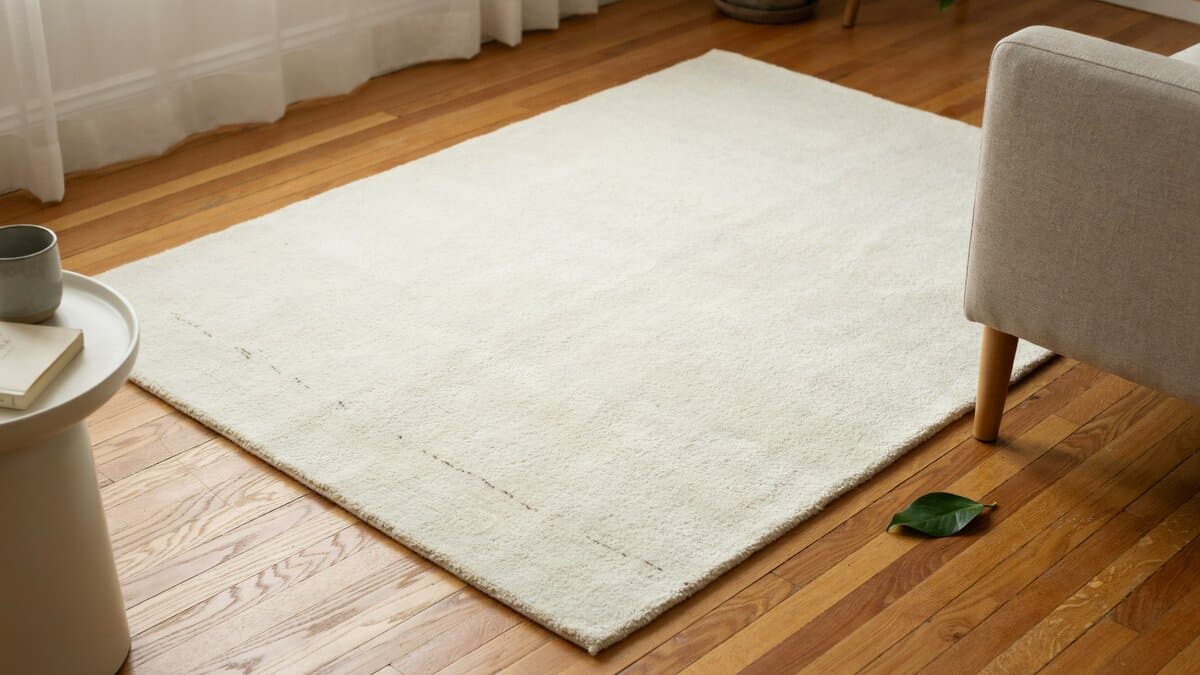 Off white wool area rug with a plush pile beside an upholstered chair