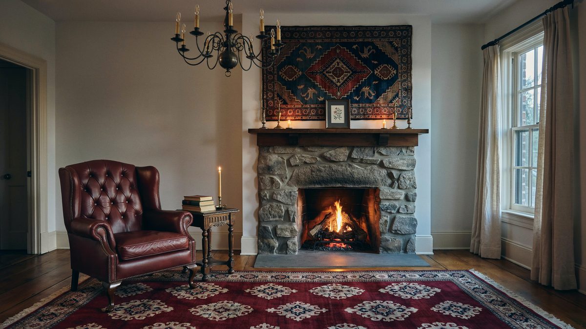 Black iron candle chandelier beside a lit stone fireplace and oxblood leather wingback chair