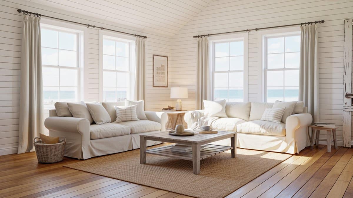 Beach living room with honey wood floors vaulted ceiling and white shiplap walls
