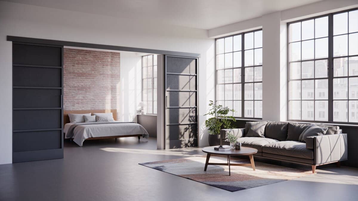 Industrial loft bedroom behind dark sliding panels with gray sofa and city windows