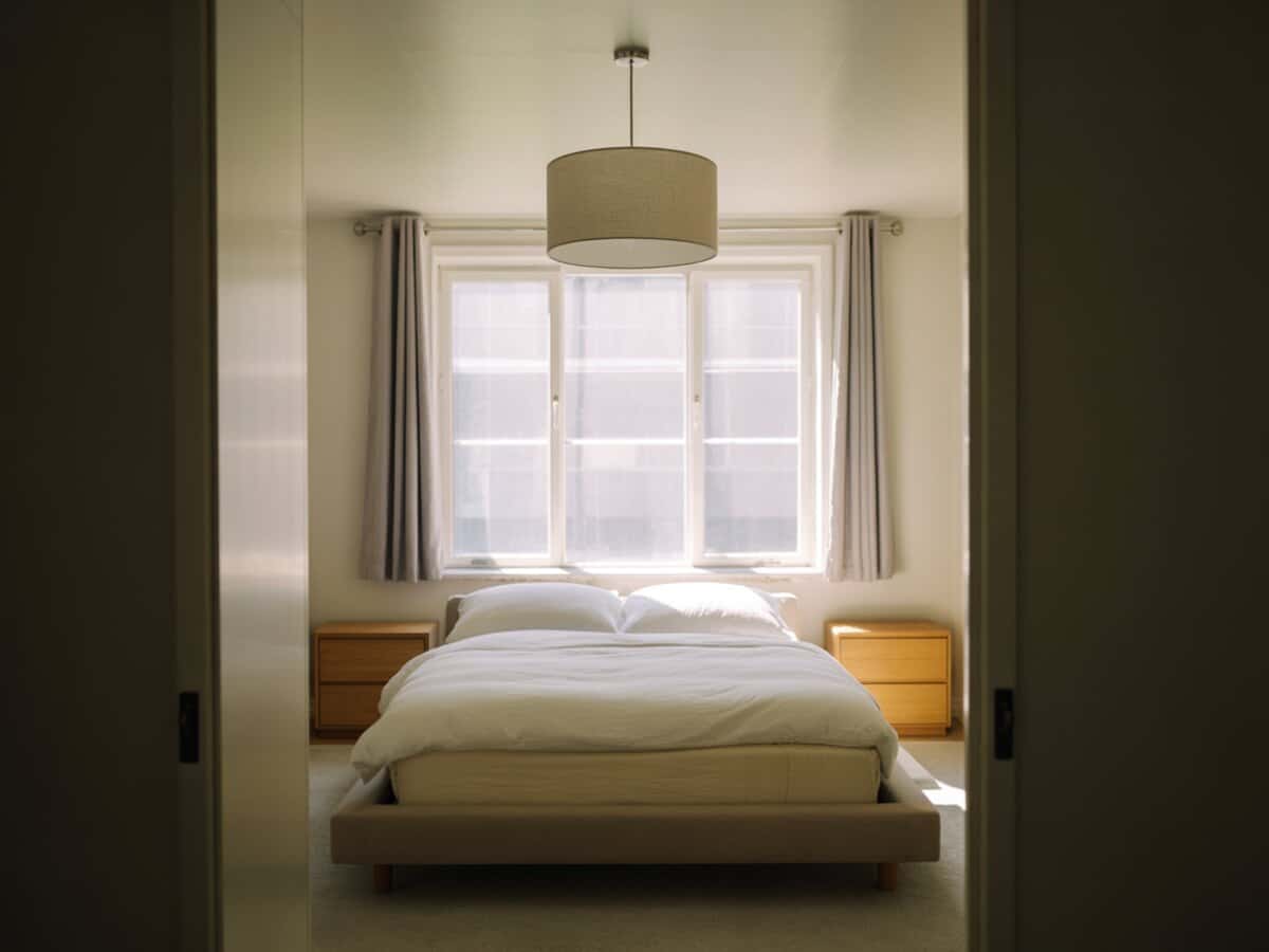 Beige fabric drum pendant glowing softly above a low bed near a window