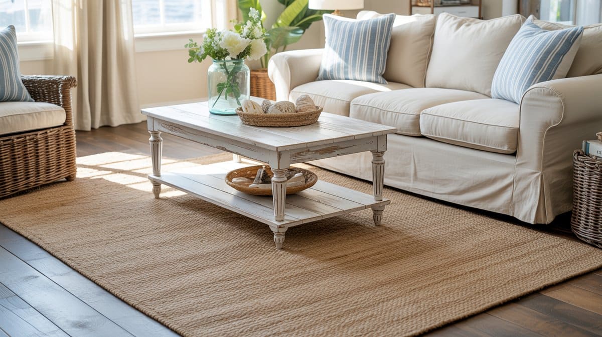 Coastal living room with a large hand woven jute rug and white sofa