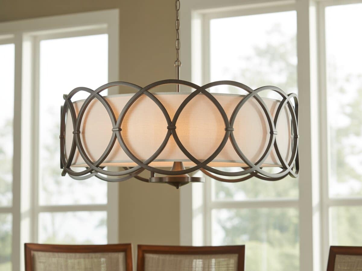 Bronze drum pendant with overlapping oval rings and linen shade over dining chairs