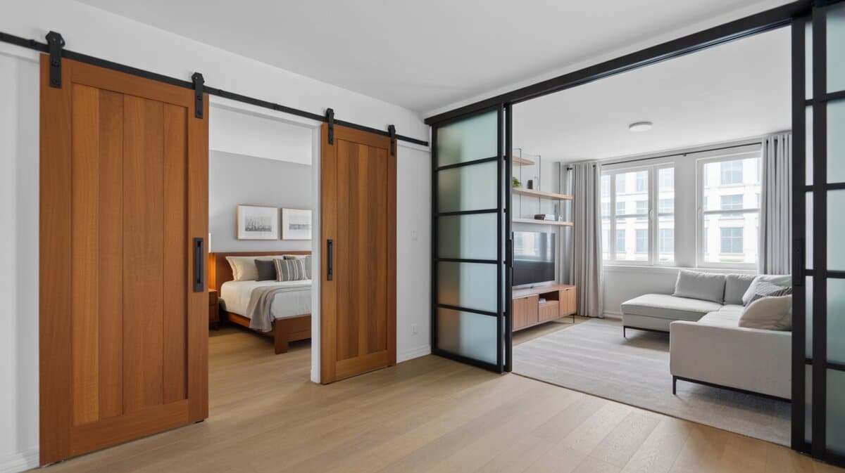 Wood barn doors and frosted glass panels separating bedroom from living room with television