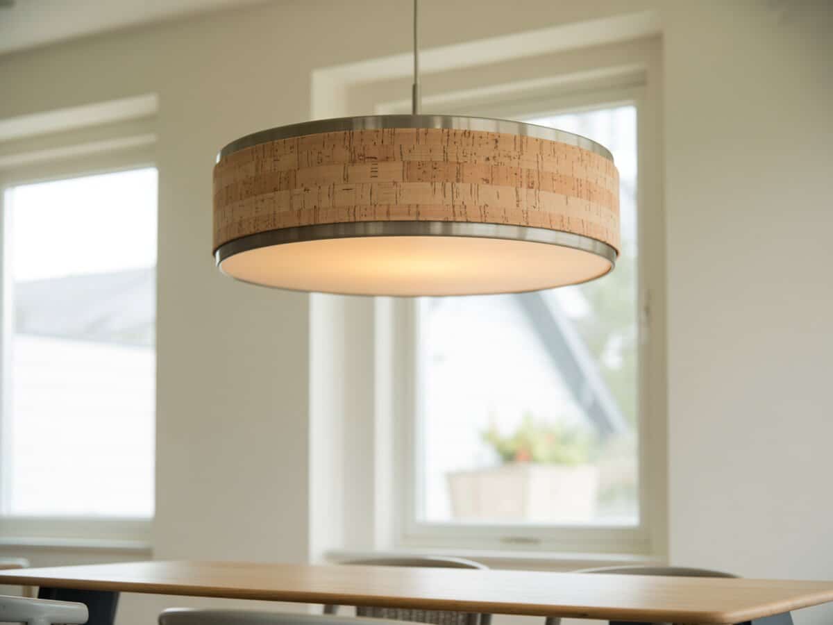 Cork wrapped drum pendant with steel rim hanging above a wood dining table