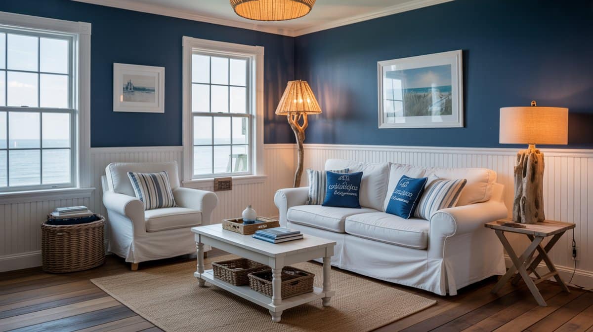 Cottage beach living room with deep navy walls and white slipcovered sofa