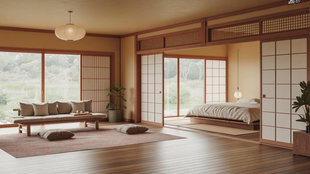 Japanese style space with shoji screens, low futon, platform bed and paper lantern