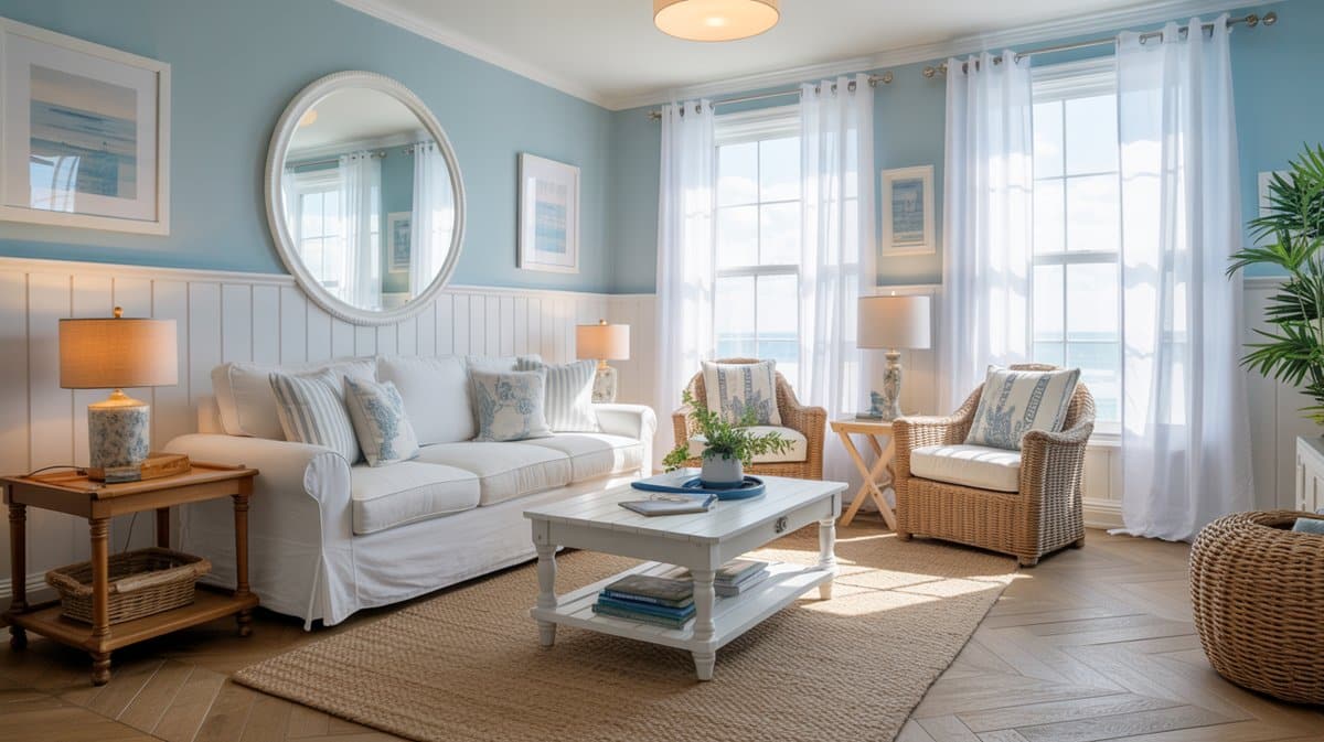 Blue and white beach living room with board and batten wainscoting and round mirror
