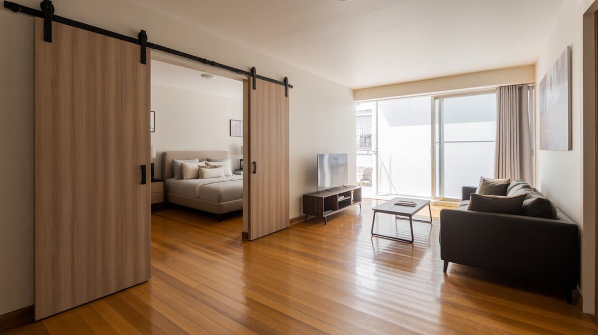 Studio sliding barn doors open to bedroom beside sofa and television on wood floor