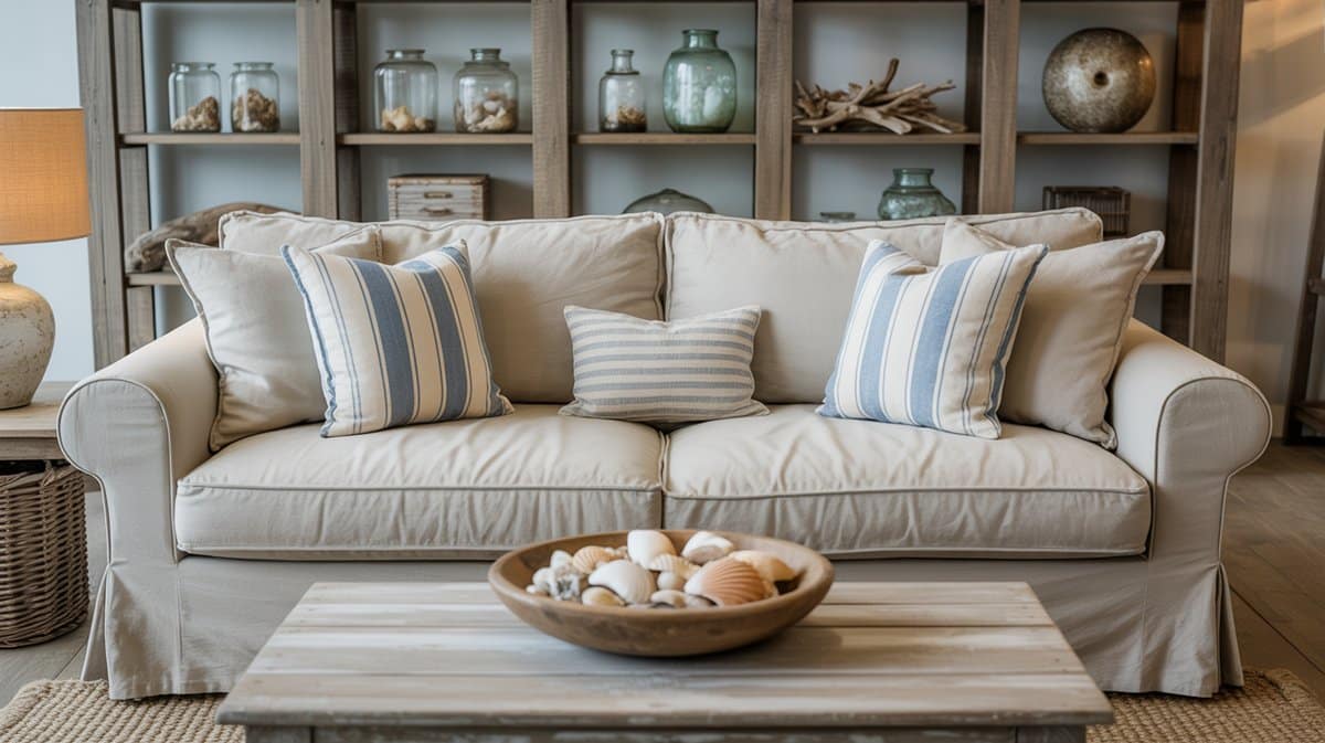 Beach living room with striped pillows sea glass jars and seashell decor