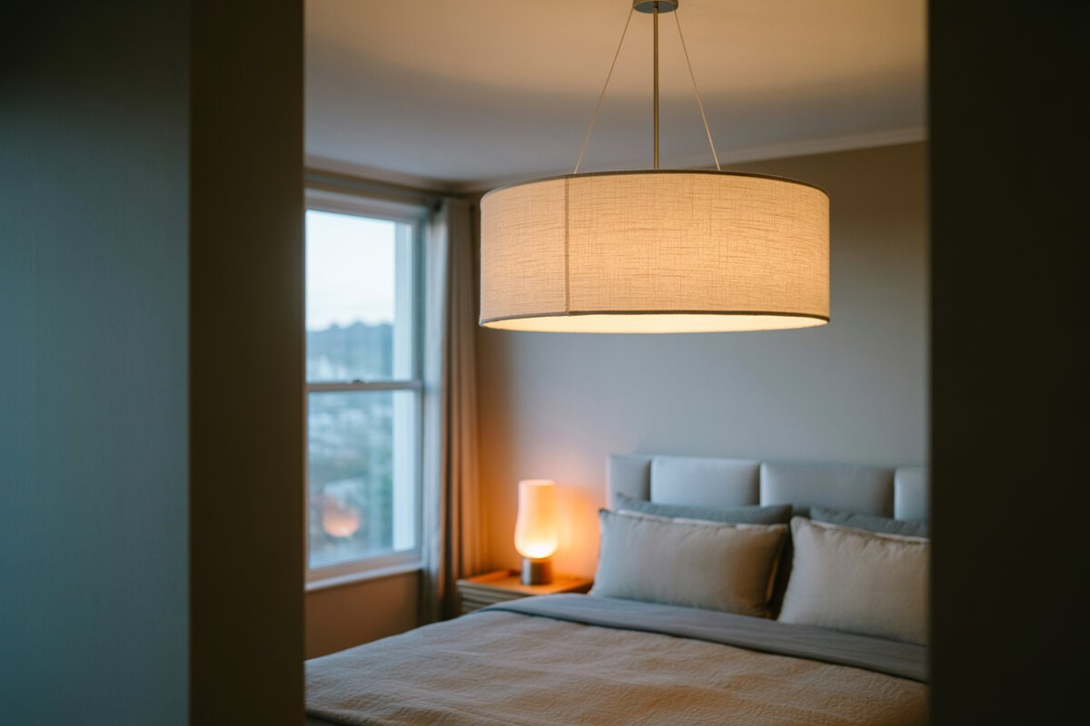 Soft linen drum pendant lighting an upholstered bed beside a glowing table lamp