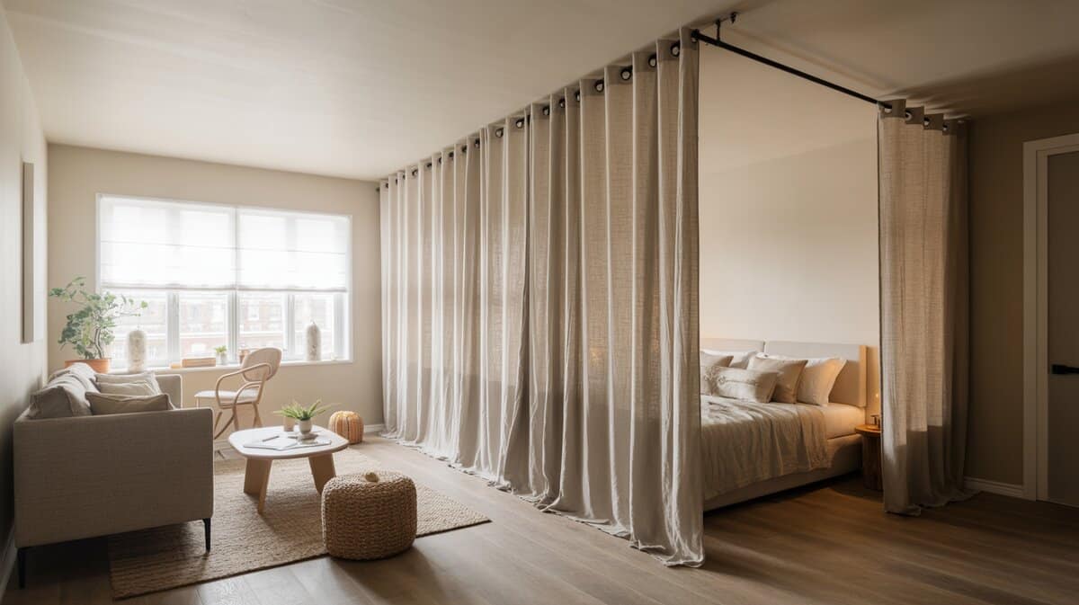 Neutral linen curtains on ceiling track dividing cozy living area from upholstered bed