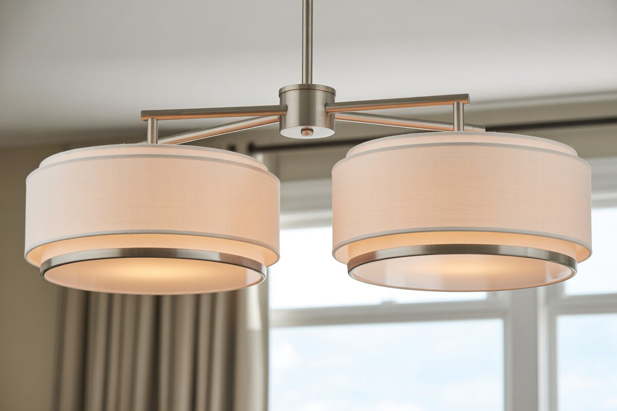 Brushed nickel double drum fixture with twin shades against a sunny curtained window