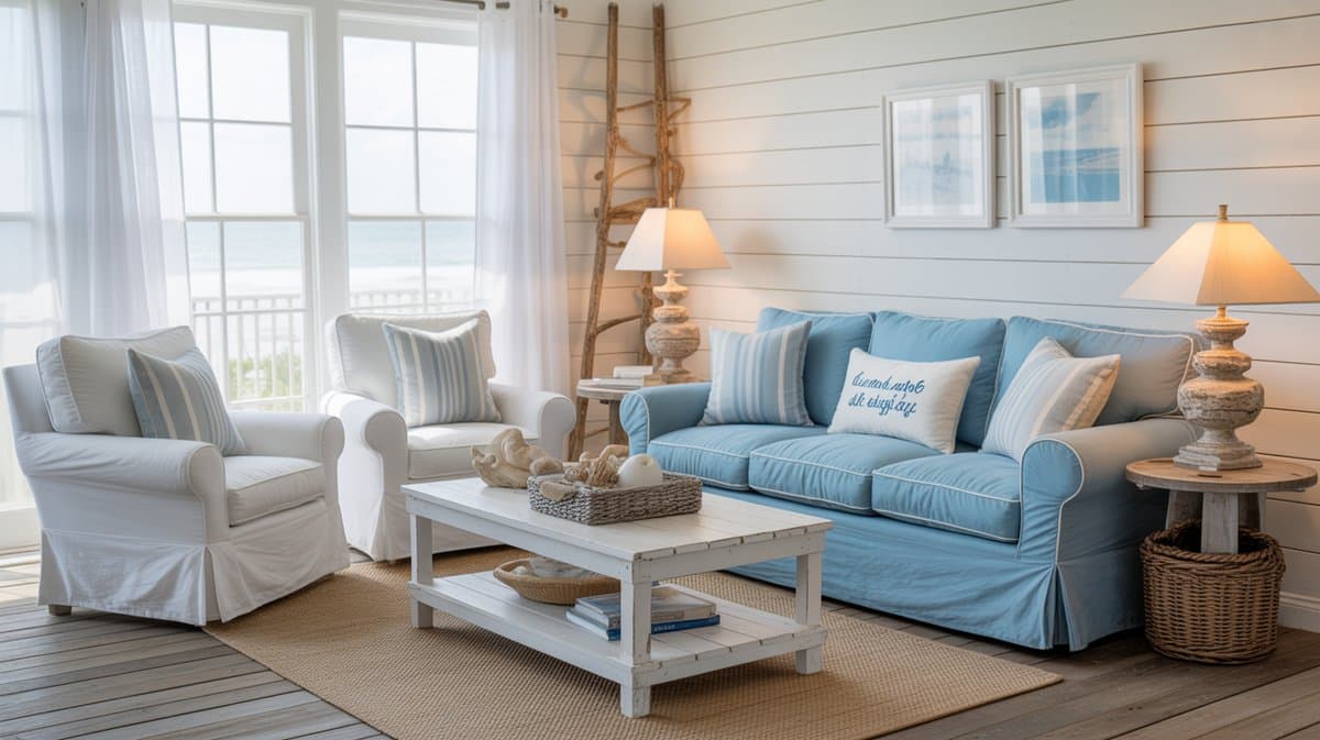 Coastal living room with sky blue chambray sofa and white striped chairs
