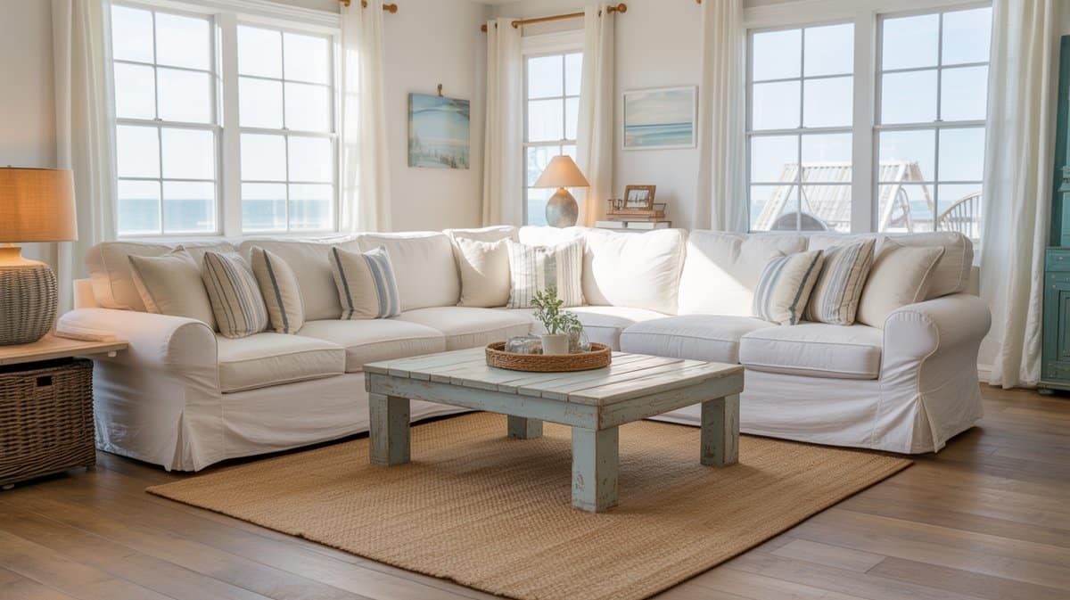 Bright beach living room with large off white sectional and jute rug