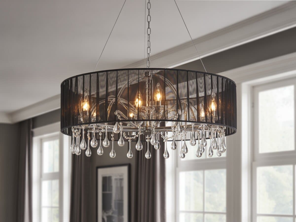 Black sheer drum chandelier with crystal teardrops in a softly lit room