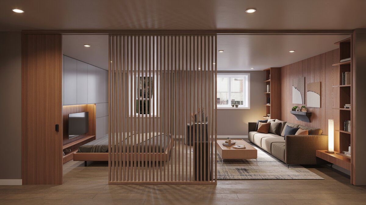 Vertical wood slat divider between platform bed and warm living area with recessed lighting