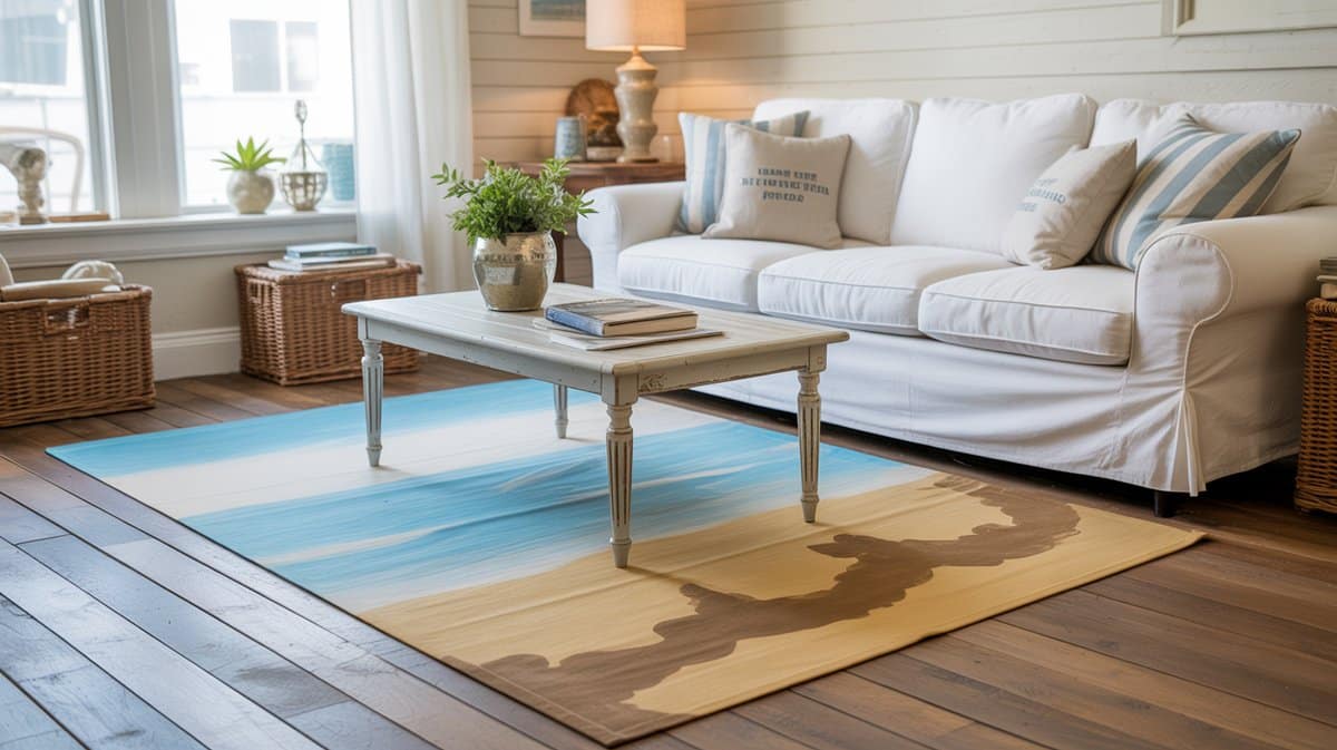 White slipcovered sofa beside a blue and sand painted canvas floor cloth