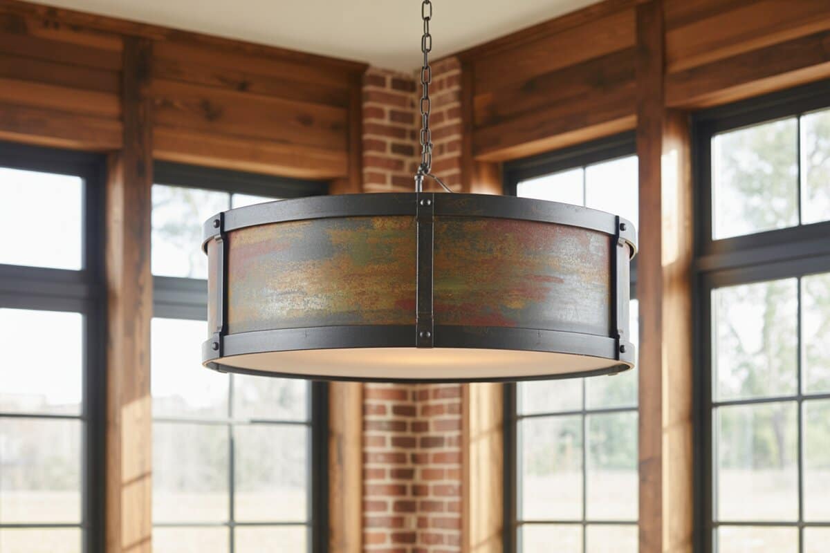 Weathered patina metal drum pendant hanging between rustic wood framed windows and brick