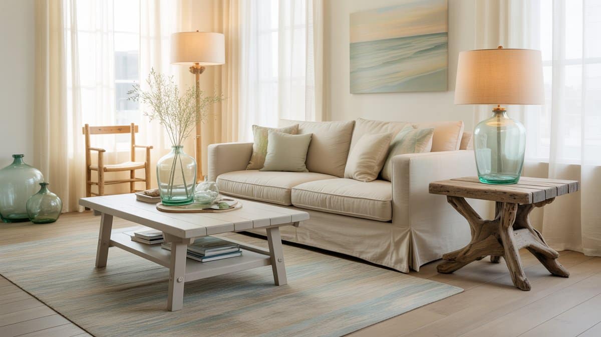 Beige linen sofa with sea glass vases and a driftwood side table