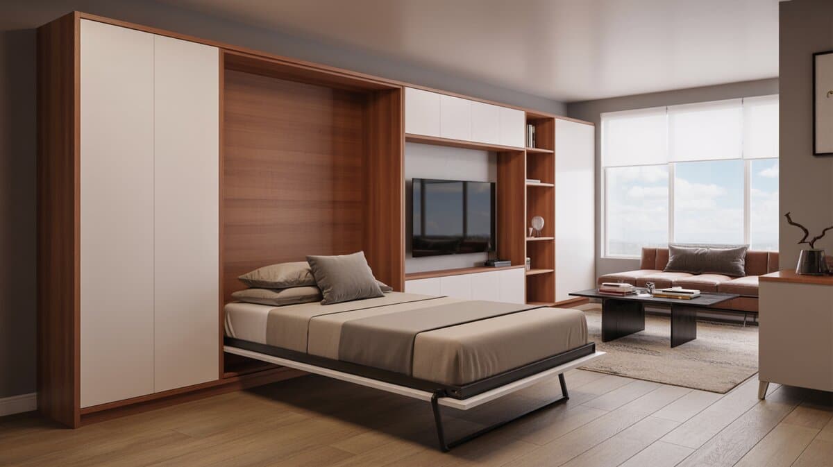 Twin Murphy bed folded from wood wall unit with central television and leather sofa