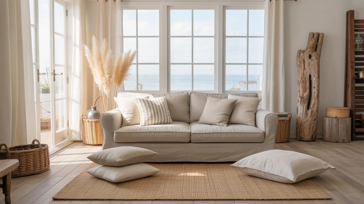 Linen floor pillows on a jute rug before tall ocean view windows