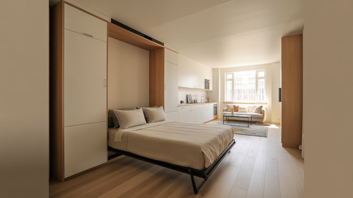 Murphy bed pulled down beside white kitchen with sofa near a bright window