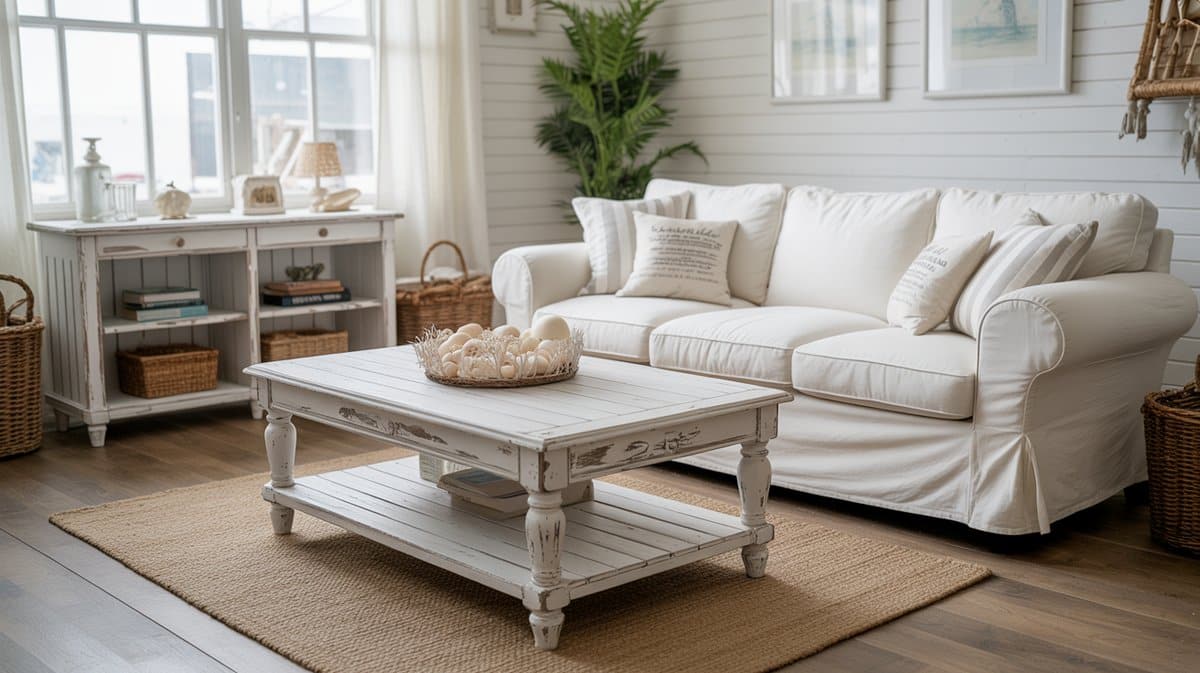 Distressed whitewashed coffee table and white sofa in a bright coastal room