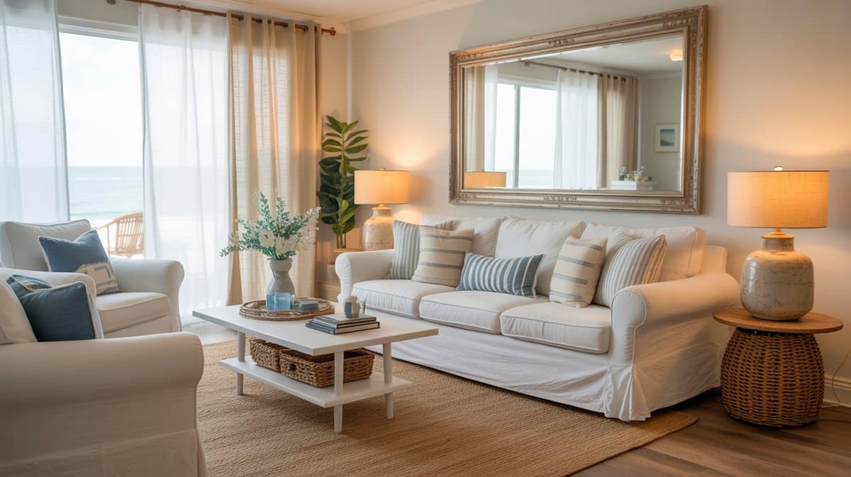 Large framed mirror reflecting daylight above a white striped pillow sofa