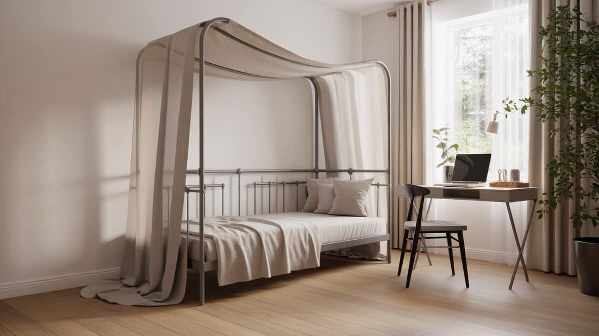 Metal daybed with sheer canopy beside a compact desk and chair near window