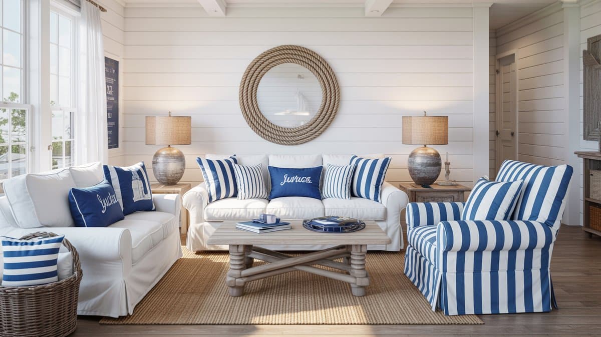 Blue and white striped armchair and pillows under a round rope mirror