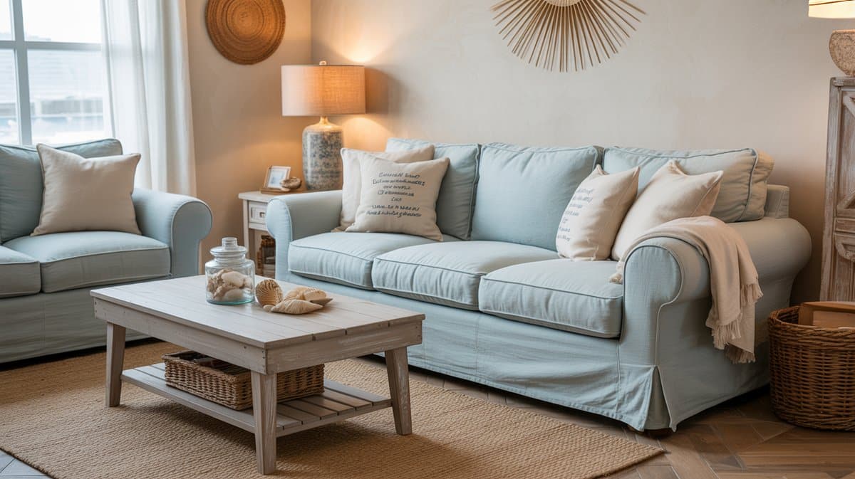 Sky blue chambray slipcovered sofa with a seashell jar on a whitewashed table