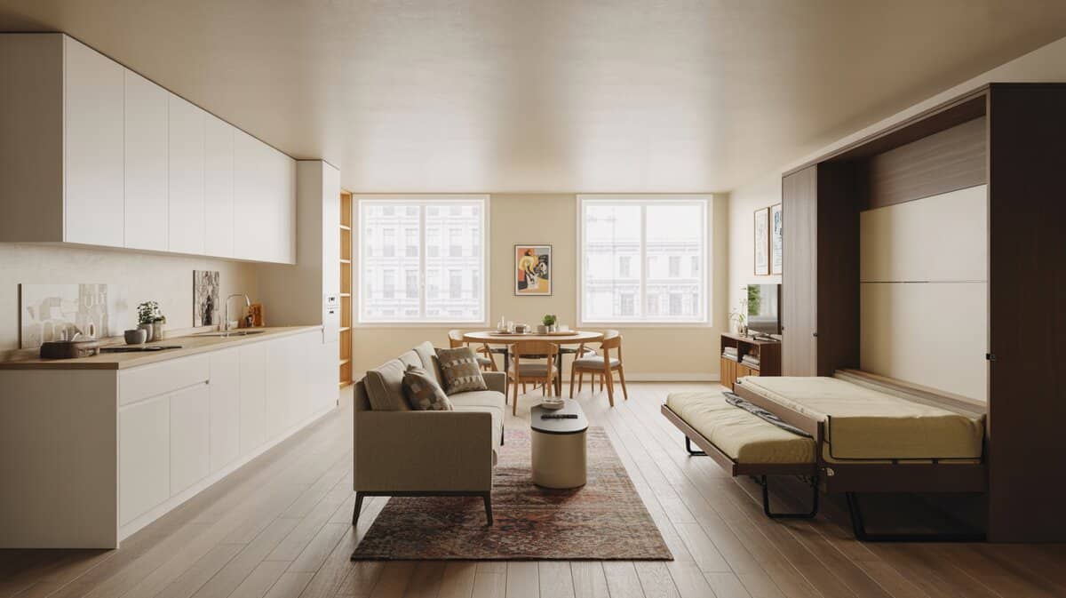 Studio with white kitchen, central sofa and dining table, and Murphy bed extended