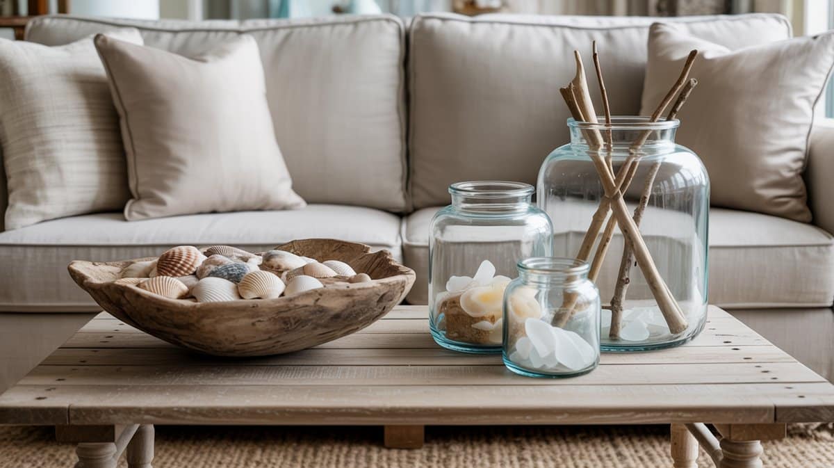 Wooden bowl of seashells beside glass jars of driftwood and sea glass
