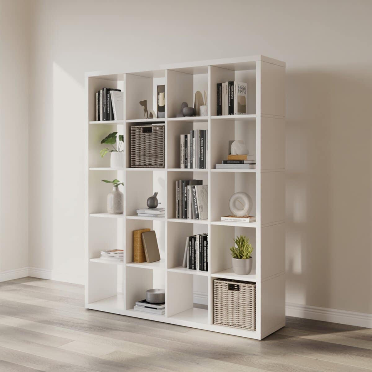 White cube bookcase filled with books, baskets and plants against a pale wall